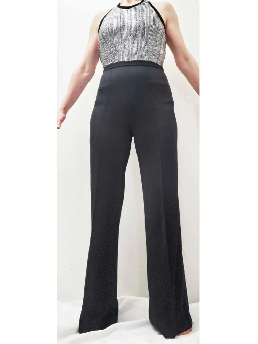 1970s Vintage Womens Disco Silver Metallic Black Bell Bottom Halter Top Jumpsuit